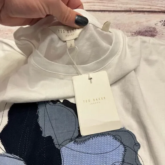 Ted Baker Floriyn Magnolia Tee Appliqué High Low Shirt White Size 2 = Small NEW - Picture 7 of 10